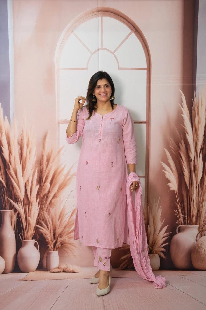 Pink Khadi Cotton Suit Set with Kantha Handwork